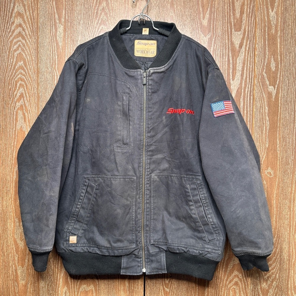 Snap-on Workwear 2X Black Canvas Quilted Bomber Jacket USA Flag Patch Distressed - Picture 2 of 12